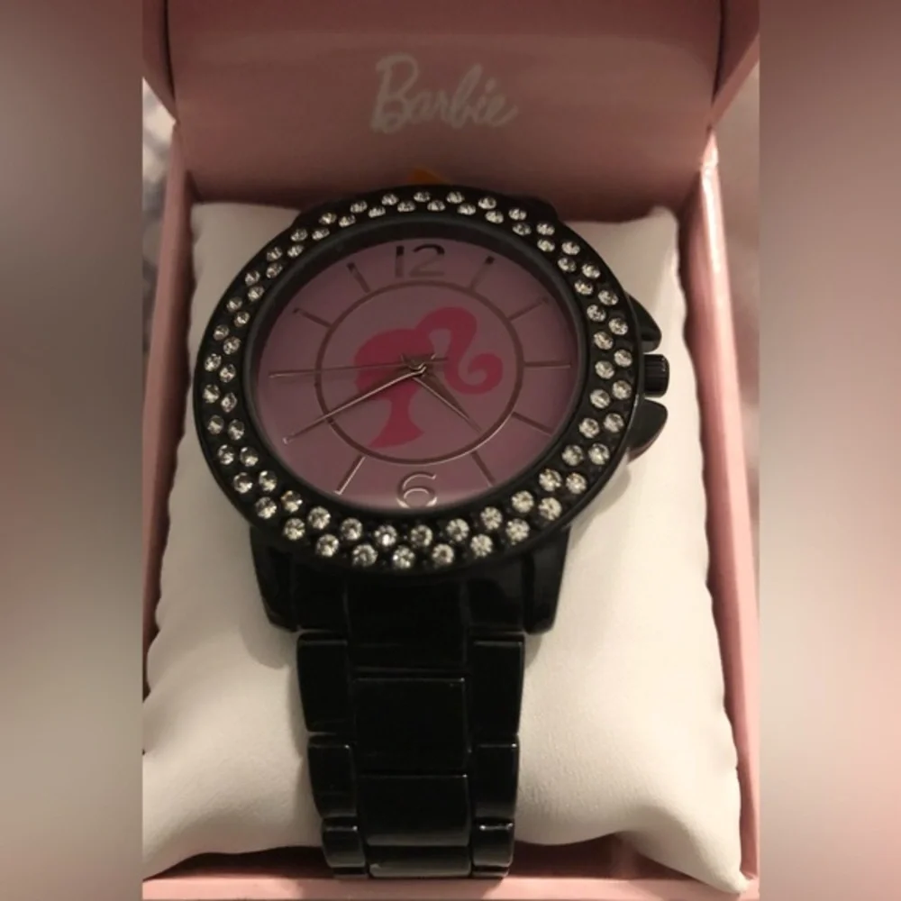 Barbie rhinestone crystal trim black lacquered‎ chain link strap pink face watch